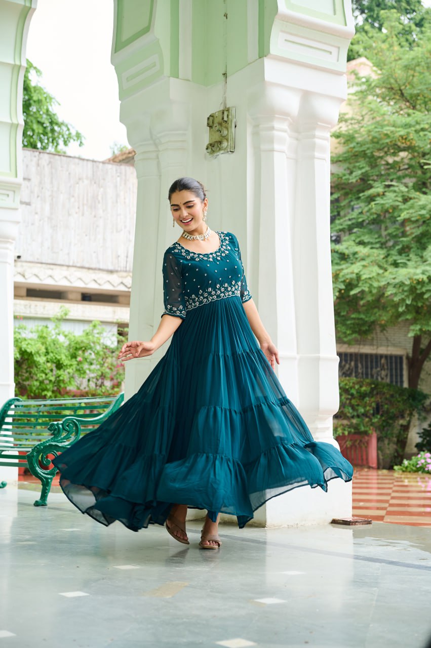 Rama Designer Faux Blooming Embroidered Gown with Bead Work