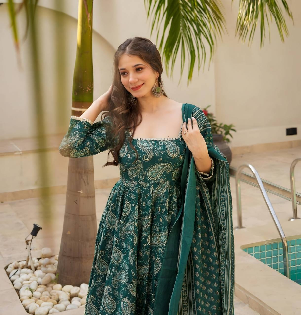 Rama Designer Maslin Digital Print Anarkali Suit with White Embroidery Lace & Matching Dupatta