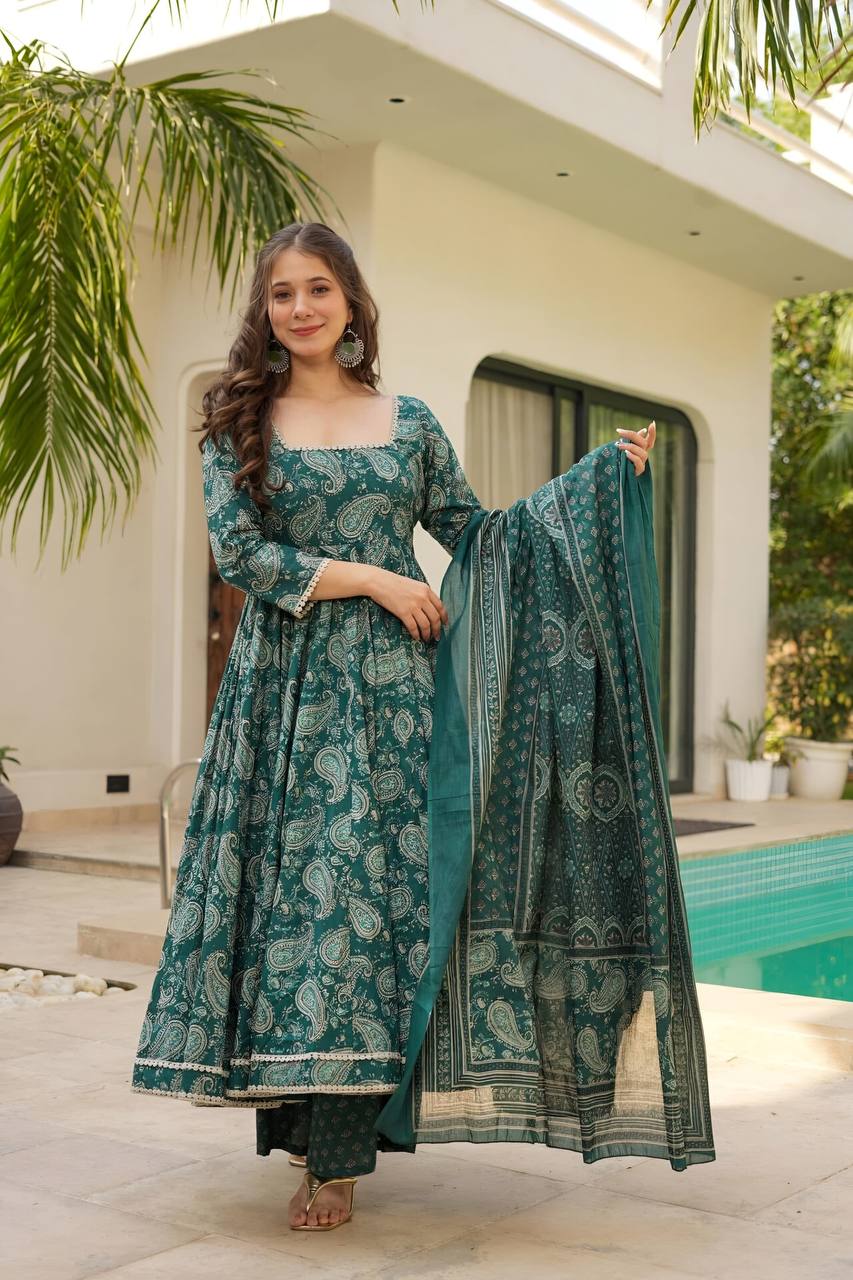 Rama Designer Maslin Digital Print Anarkali Suit with White Embroidery Lace & Matching Dupatta