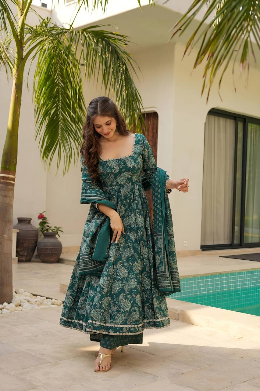 Rama Designer Maslin Digital Print Anarkali Suit with White Embroidery Lace & Matching Dupatta