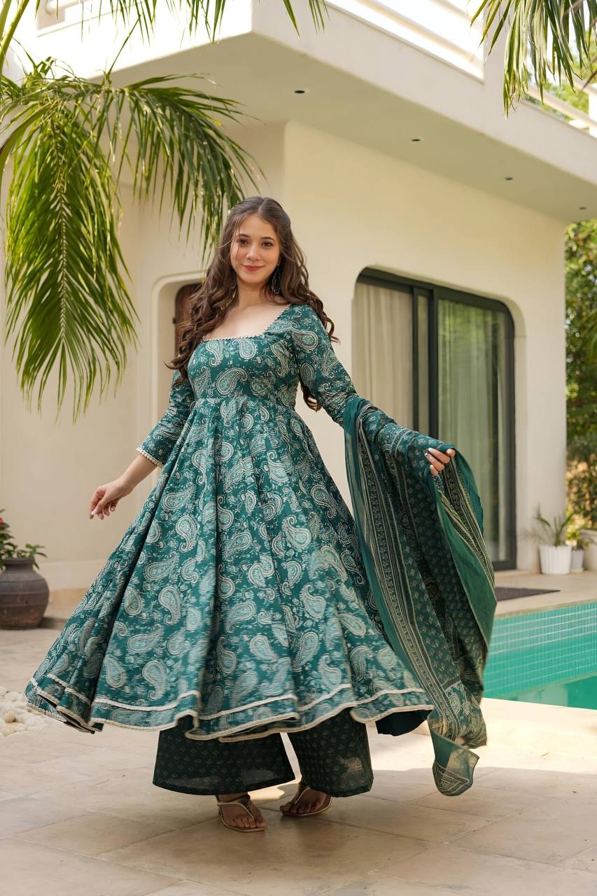 Rama Designer Maslin Digital Print Anarkali Suit with White Embroidery Lace & Matching Dupatta