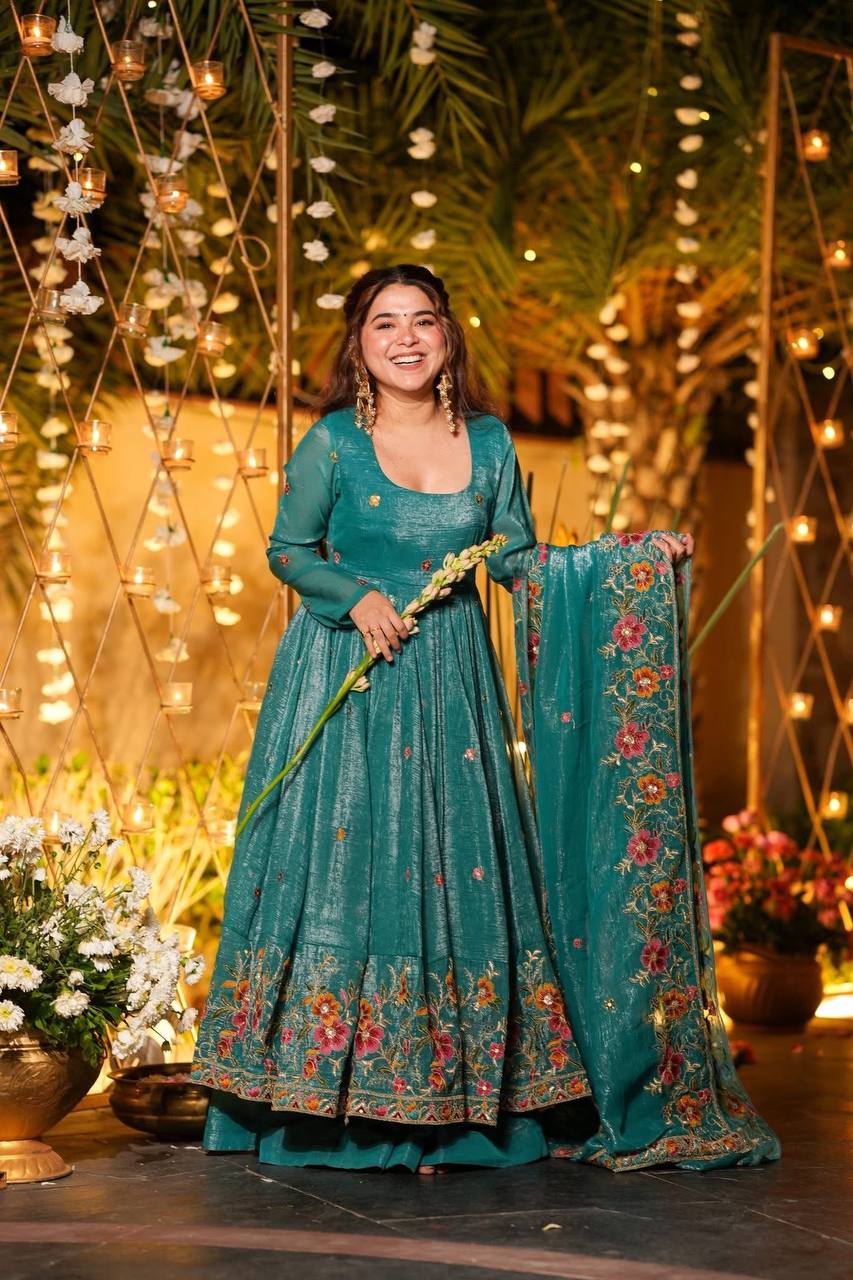 Rama Designer Soft Crunchy Silk Embroidered Gown Set with Sequins Work & Matching Dupatta – Fully Stitched Party & Festive Wear