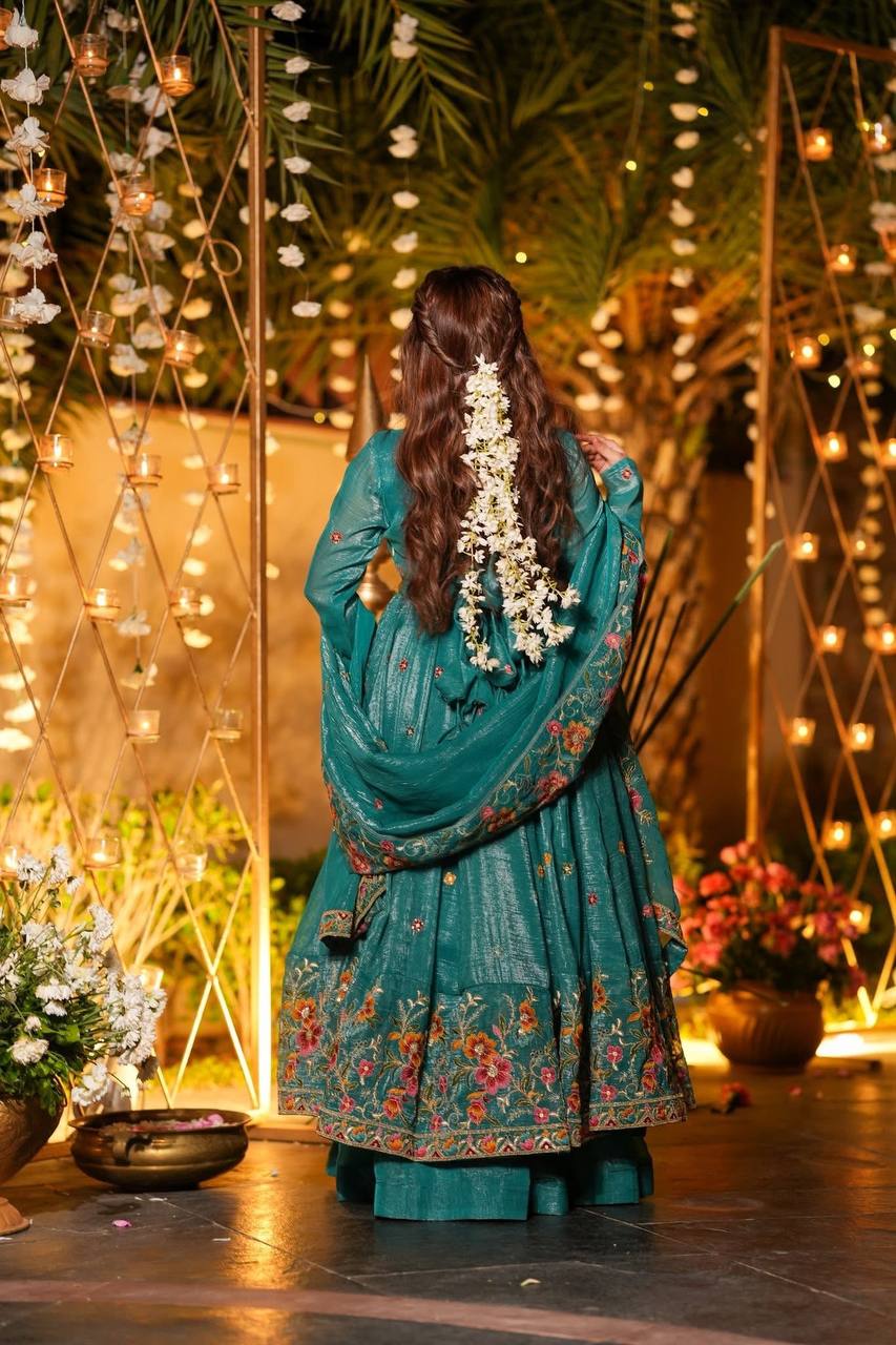 Rama Designer Soft Crunchy Silk Embroidered Gown Set with Sequins Work & Matching Dupatta – Fully Stitched Party & Festive Wear
