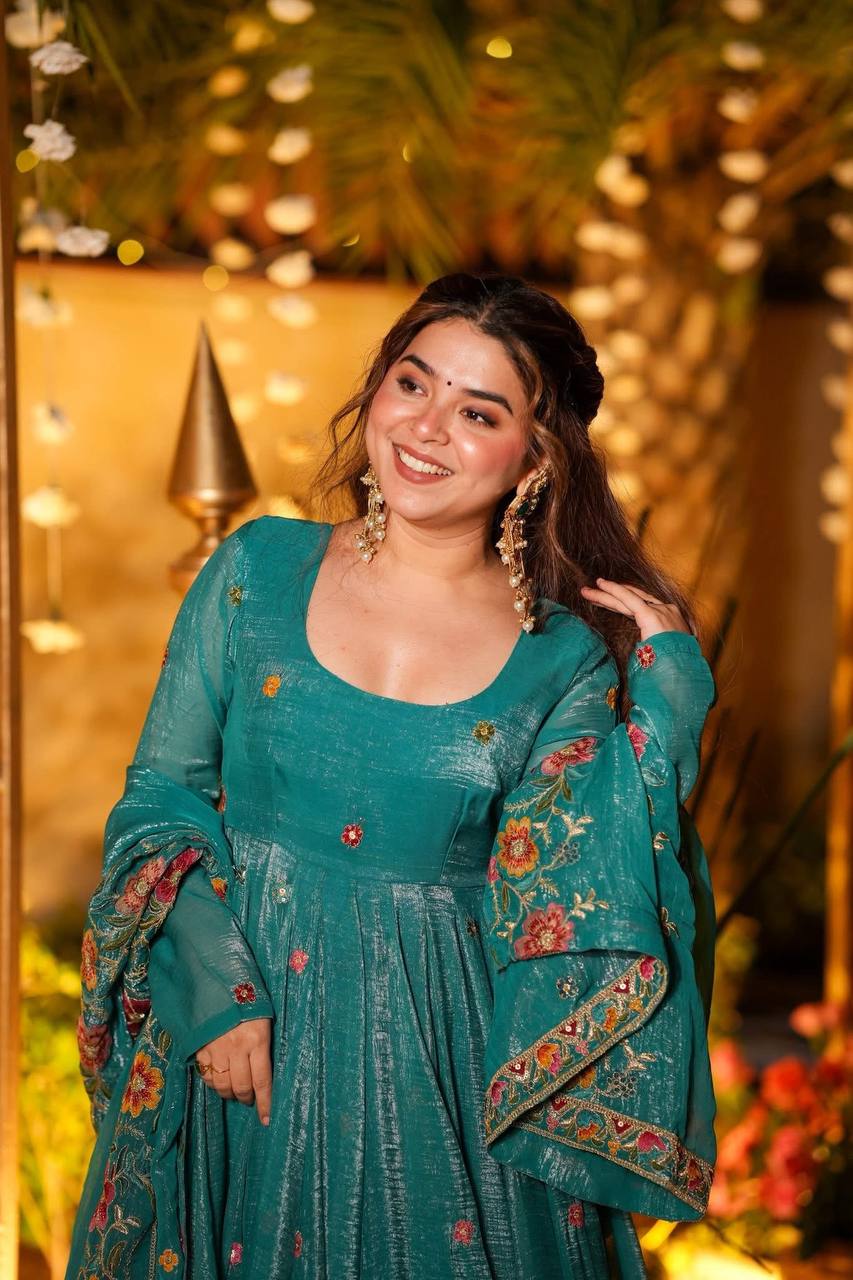 Rama Designer Soft Crunchy Silk Embroidered Gown Set with Sequins Work & Matching Dupatta – Fully Stitched Party & Festive Wear