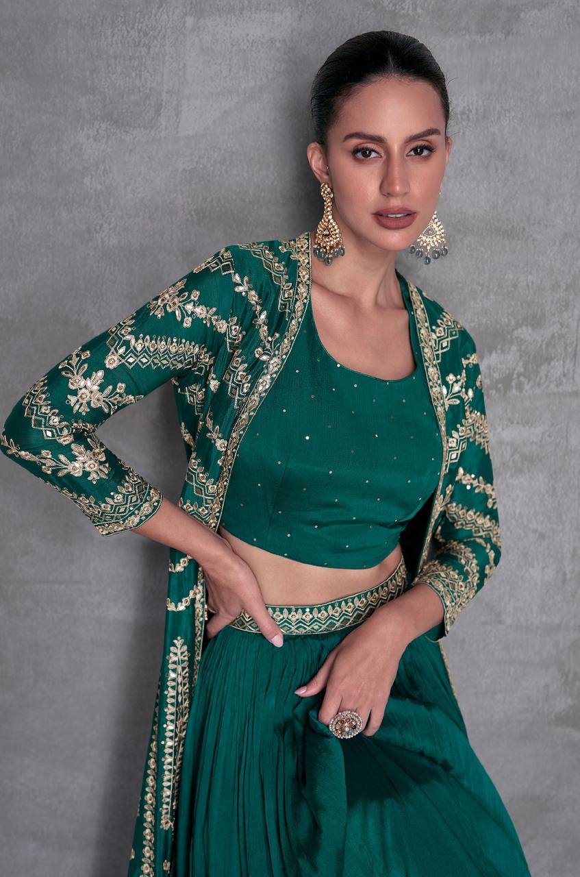 Rama Elegant Embroidered Chinon Blouse, Jacket & Bottom Set