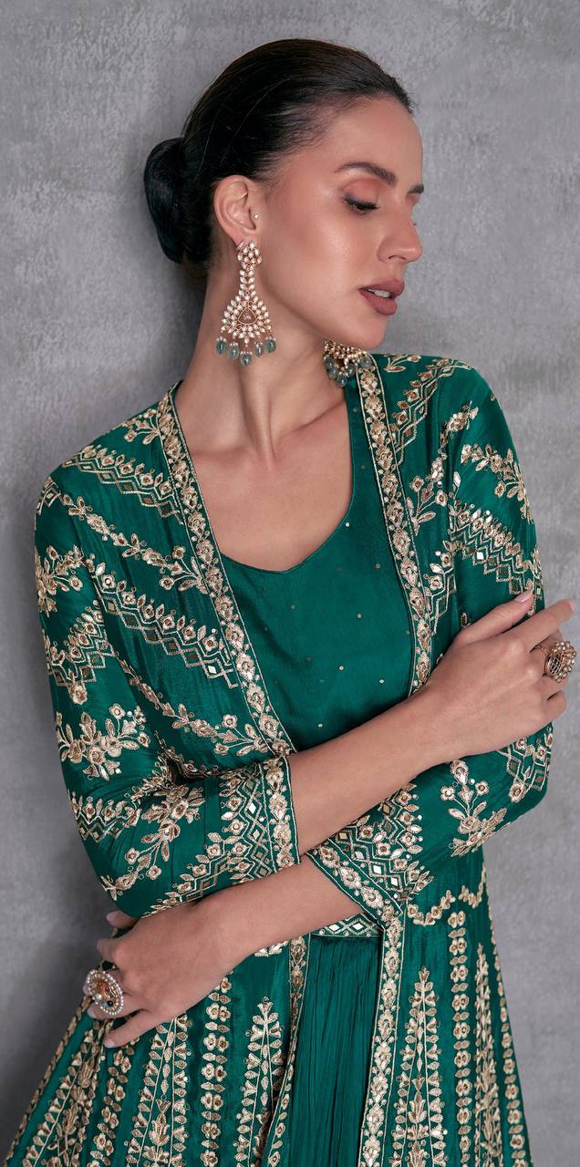 Rama Elegant Embroidered Chinon Blouse, Jacket & Bottom Set