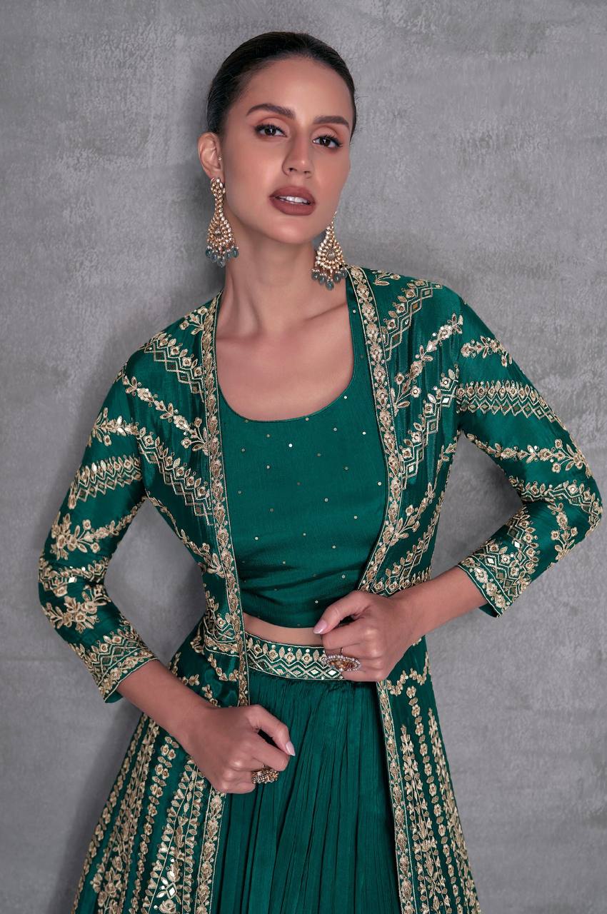 Rama Elegant Embroidered Chinon Blouse, Jacket & Bottom Set