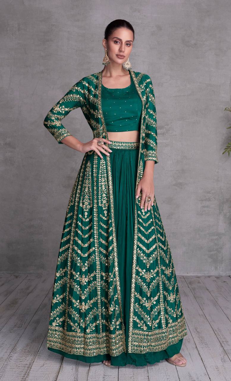 Rama Elegant Embroidered Chinon Blouse, Jacket & Bottom Set