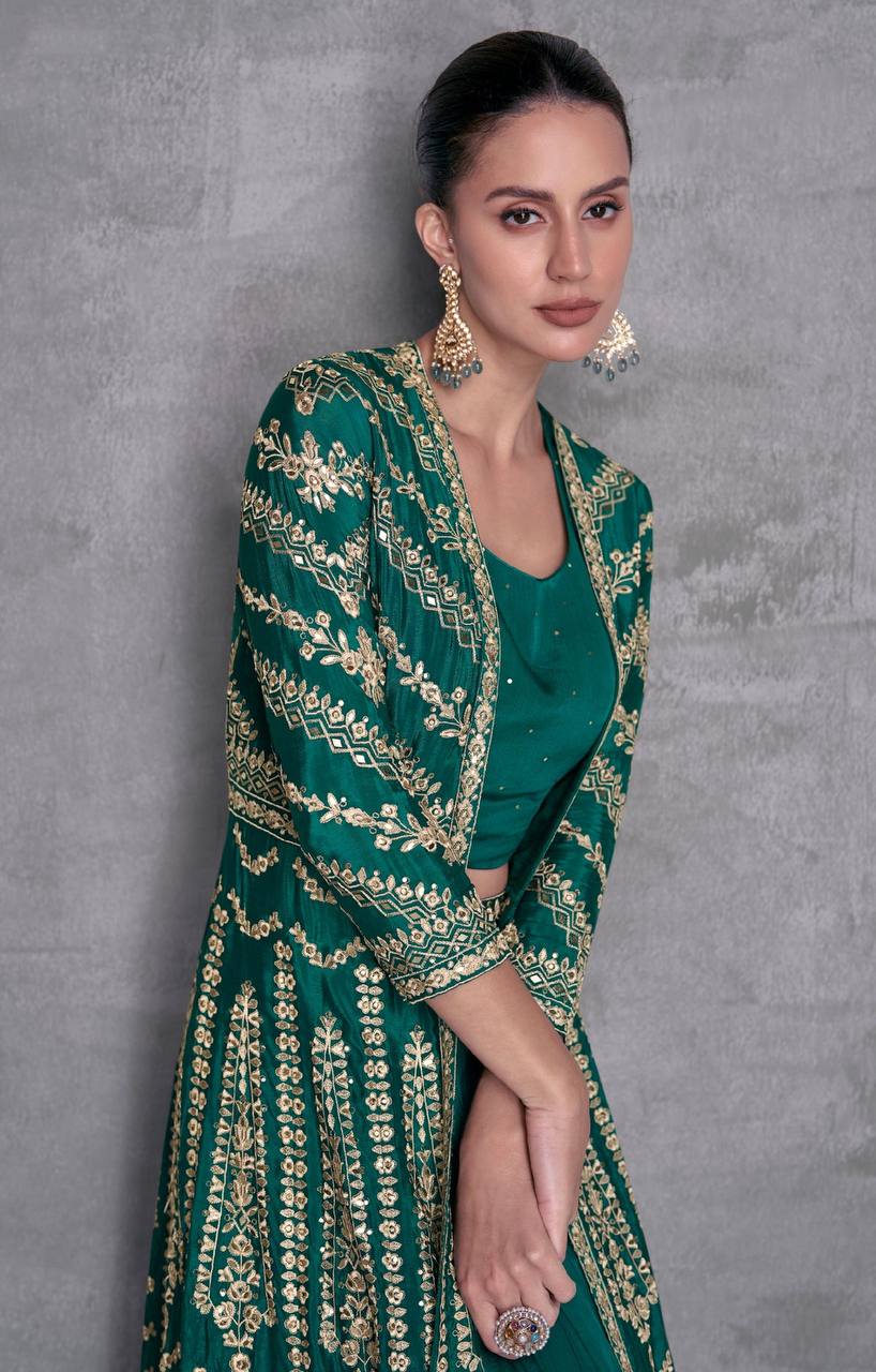 Rama Elegant Embroidered Chinon Blouse, Jacket & Bottom Set