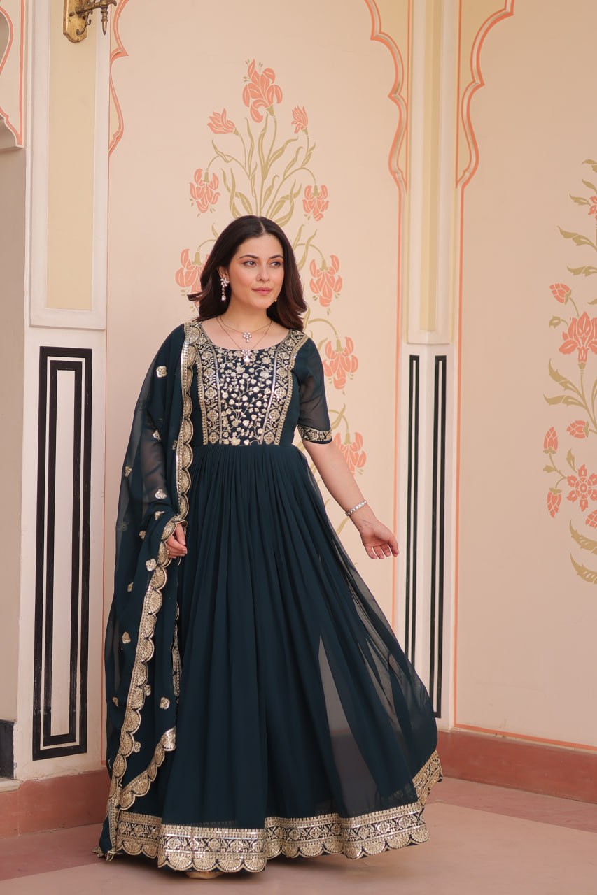 Rama Elegant Faux Blooming Embroidered Gown Set with Designer Dupatta