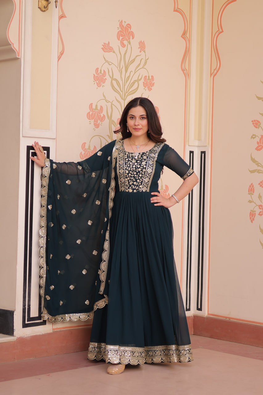 Rama Elegant Faux Blooming Embroidered Gown Set with Designer Dupatta