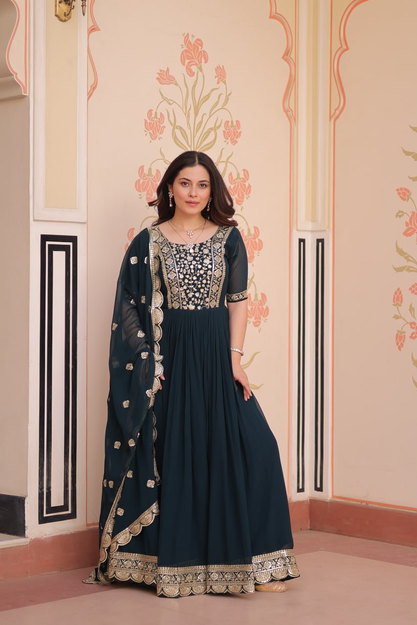 Rama Elegant Faux Blooming Embroidered Gown Set with Designer Dupatta
