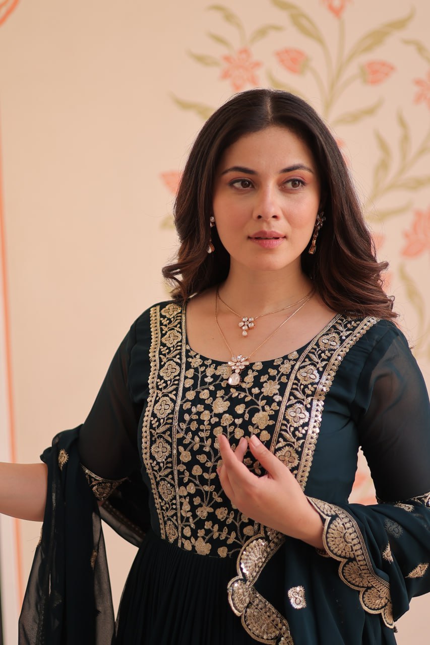 Rama Elegant Faux Blooming Embroidered Gown Set with Designer Dupatta