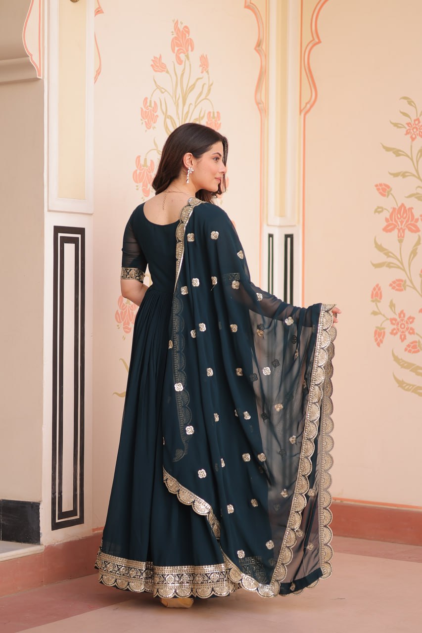 Rama Elegant Faux Blooming Embroidered Gown Set with Designer Dupatta