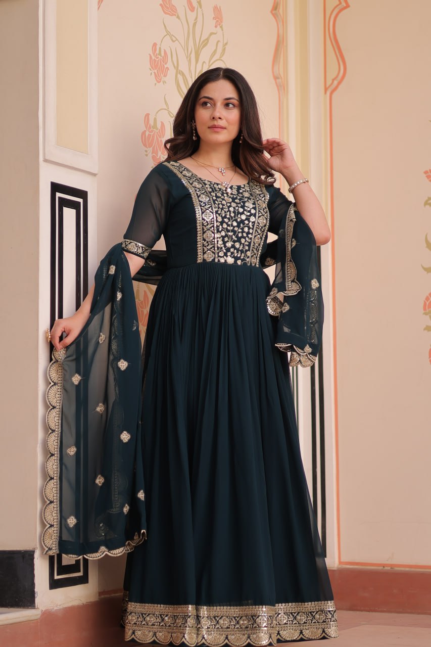 Rama Elegant Faux Blooming Embroidered Gown Set with Designer Dupatta