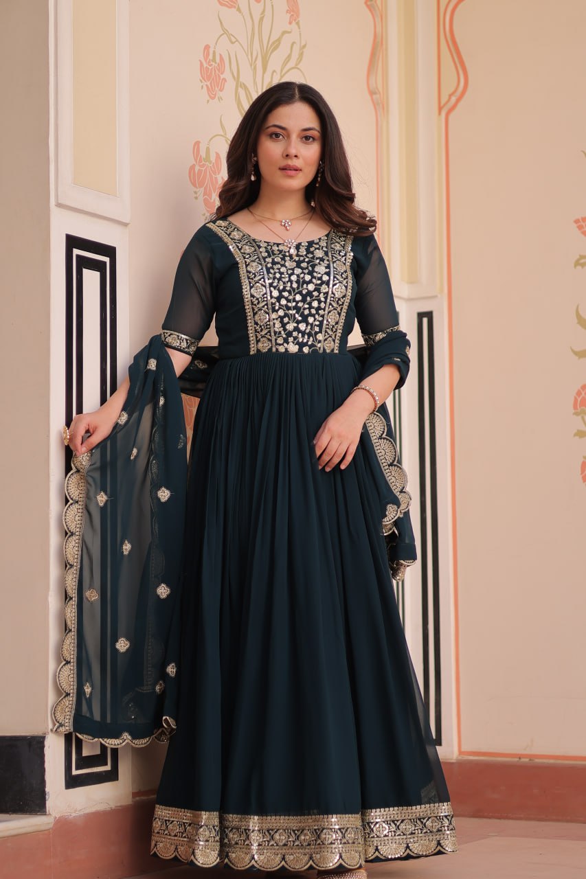 Rama Elegant Faux Blooming Embroidered Gown Set with Designer Dupatta