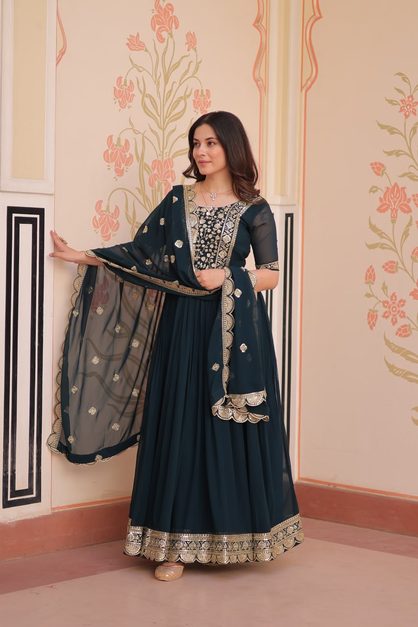 Rama Elegant Faux Blooming Embroidered Gown Set with Designer Dupatta