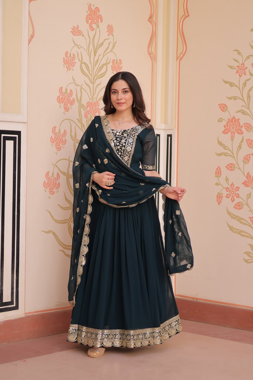 Rama Elegant Faux Blooming Embroidered Gown Set with Designer Dupatta