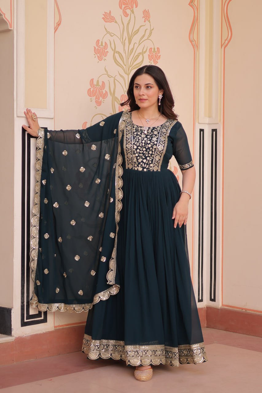 Rama Elegant Faux Blooming Embroidered Gown Set with Designer Dupatta