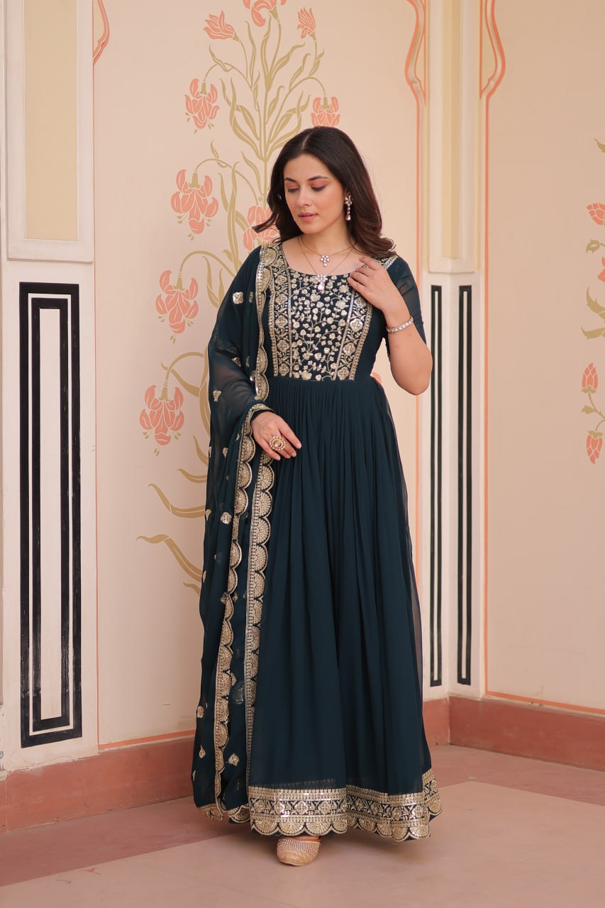 Rama Elegant Faux Blooming Embroidered Gown Set with Designer Dupatta