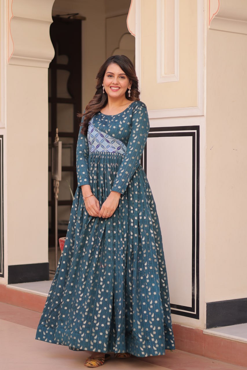 Rama Elegant Staple Jacquard Weaving Gown with Position Print Choli