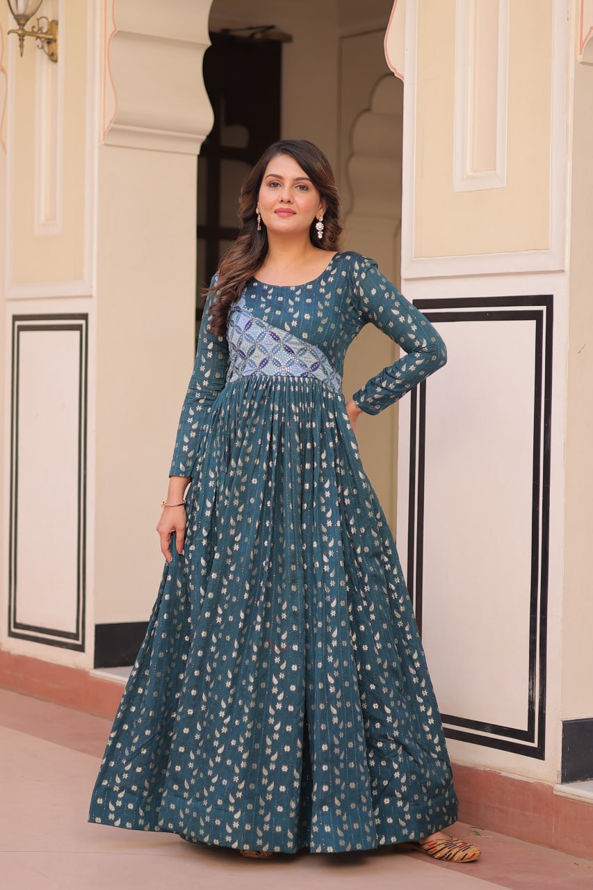 Rama Elegant Staple Jacquard Weaving Gown with Position Print Choli