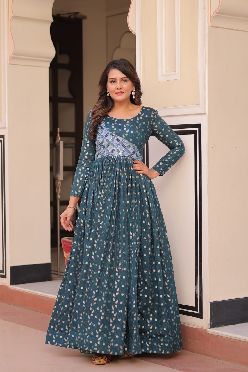 Rama Elegant Staple Jacquard Weaving Gown with Position Print Choli