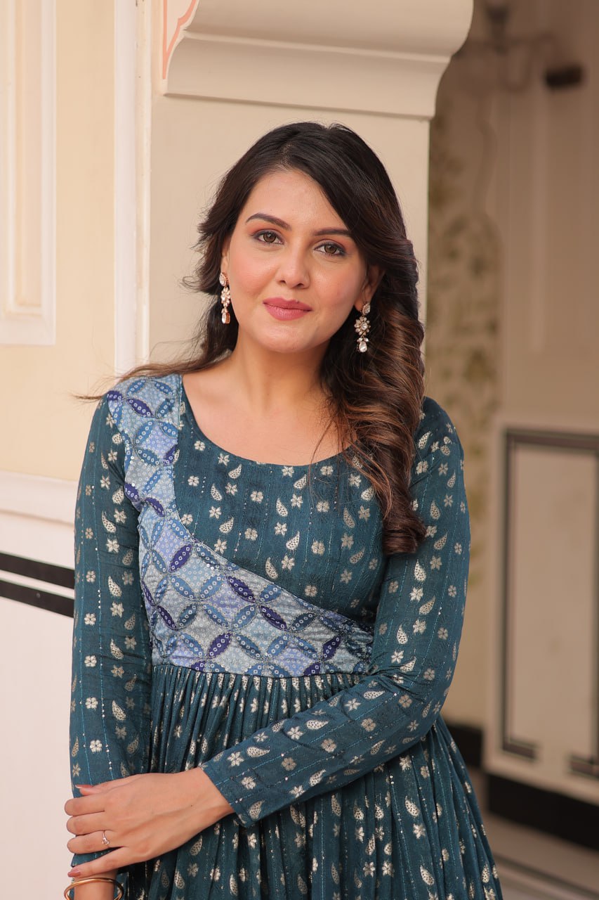 Rama Elegant Staple Jacquard Weaving Gown with Position Print Choli