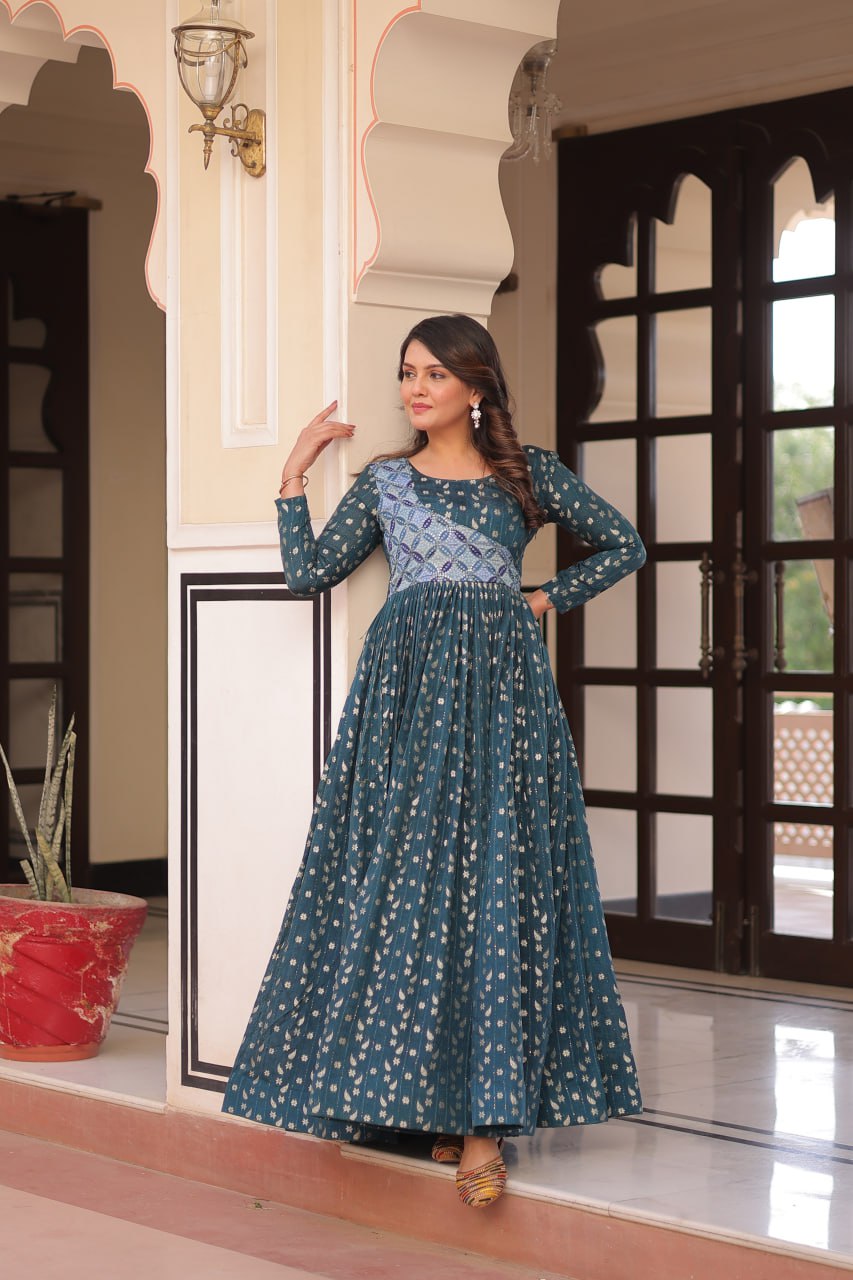 Rama Elegant Staple Jacquard Weaving Gown with Position Print Choli
