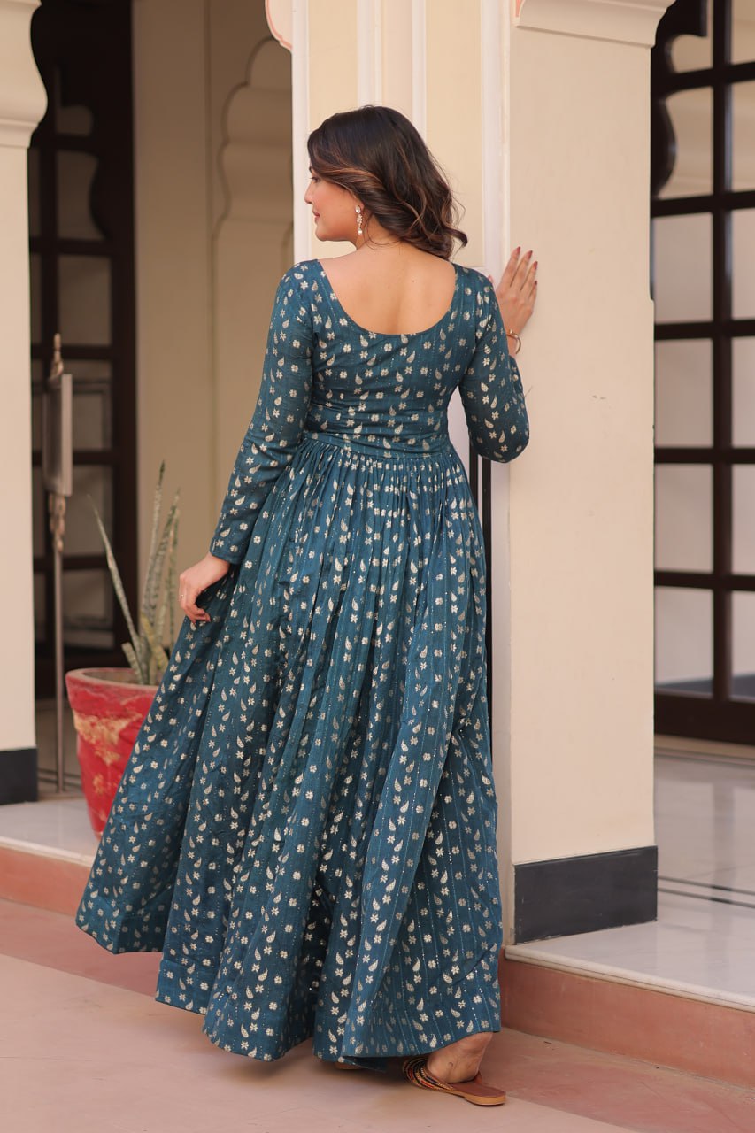 Rama Elegant Staple Jacquard Weaving Gown with Position Print Choli