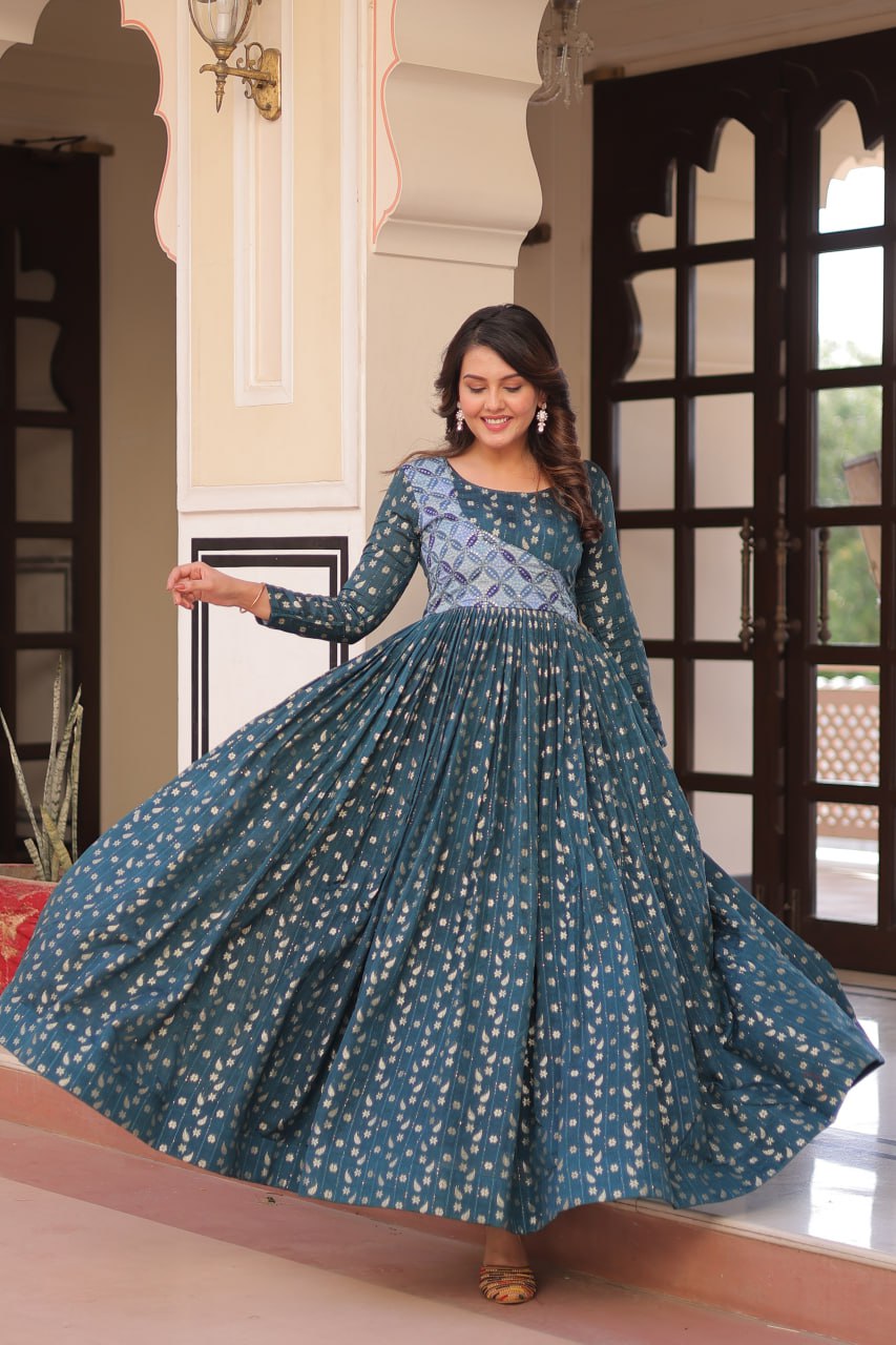 Rama Elegant Staple Jacquard Weaving Gown with Position Print Choli