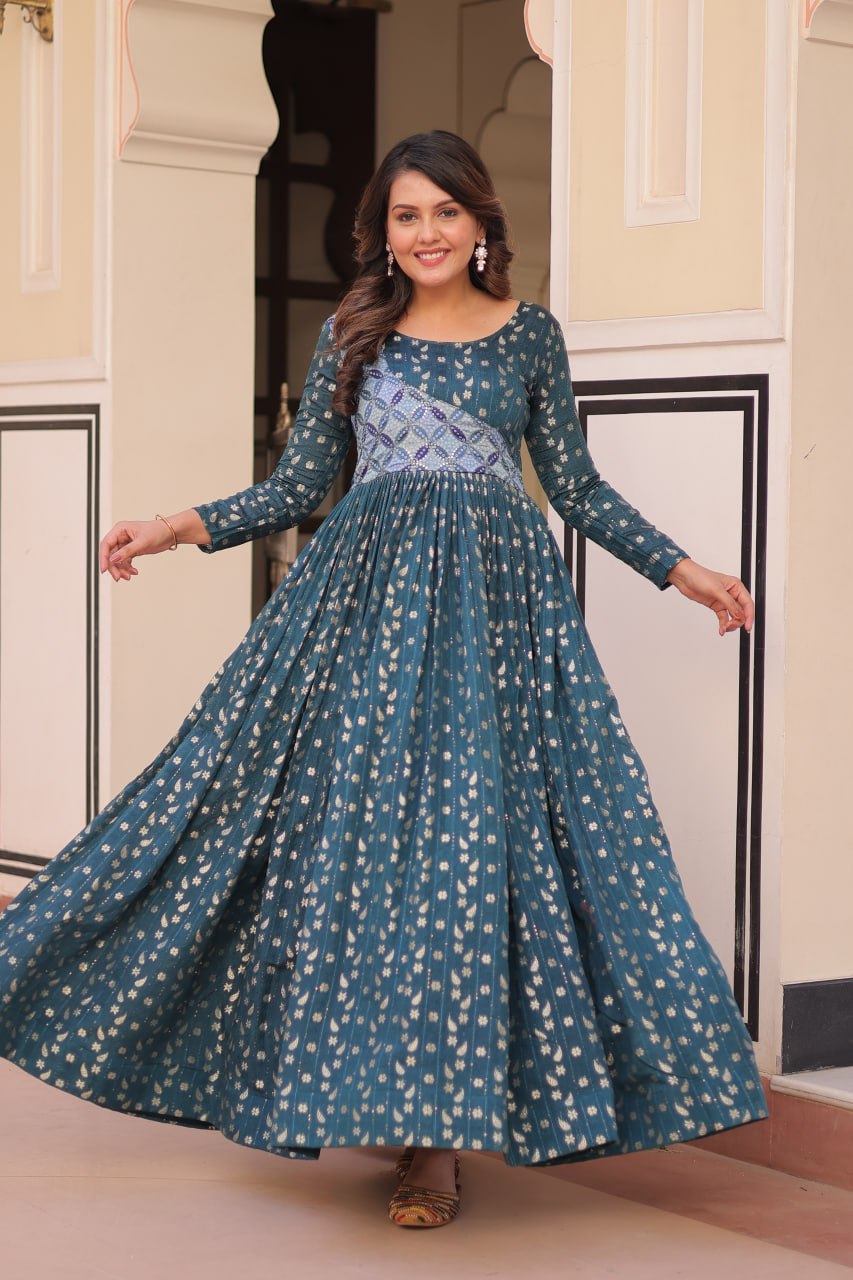 Rama Elegant Staple Jacquard Weaving Gown with Position Print Choli