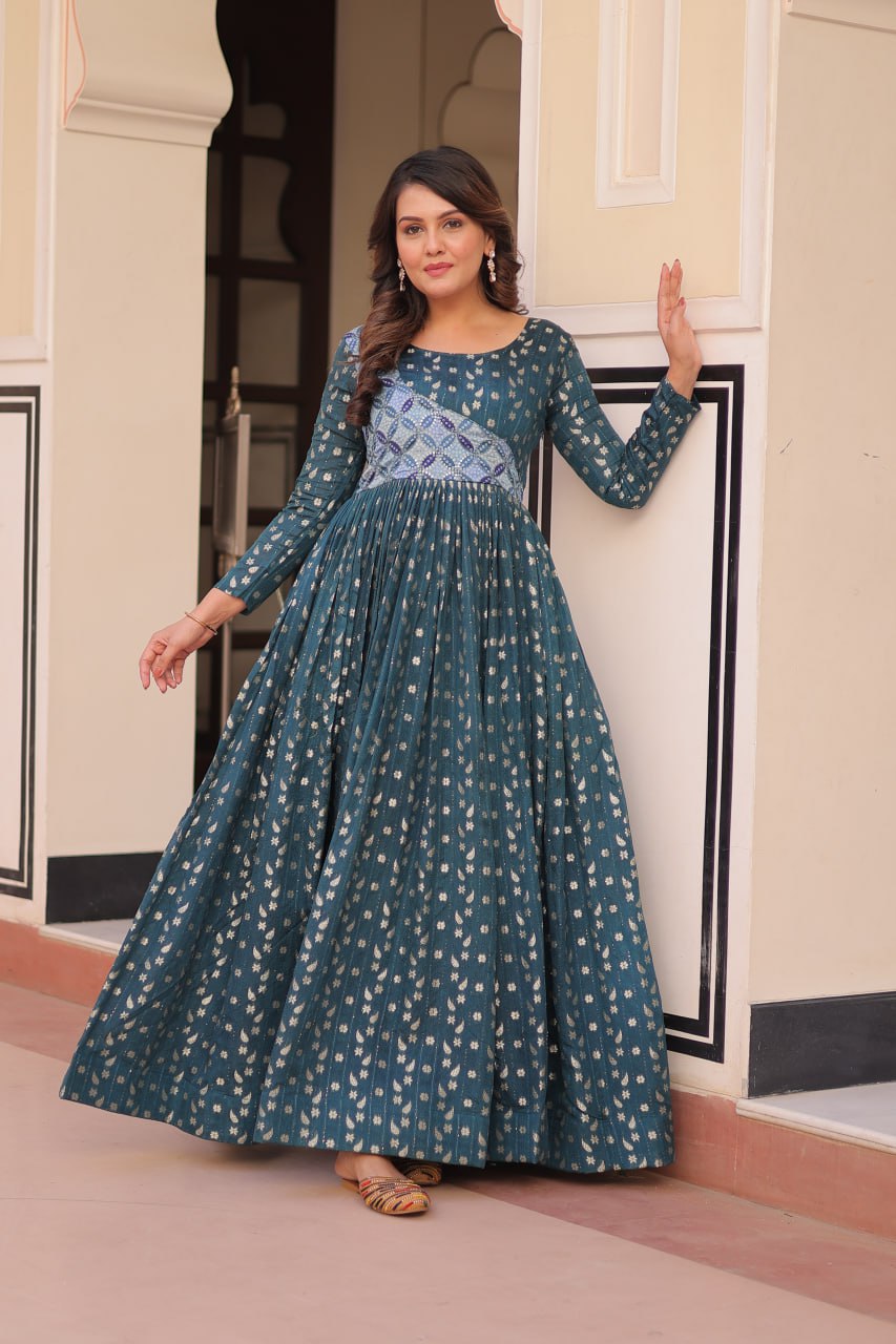 Rama Elegant Staple Jacquard Weaving Gown with Position Print Choli