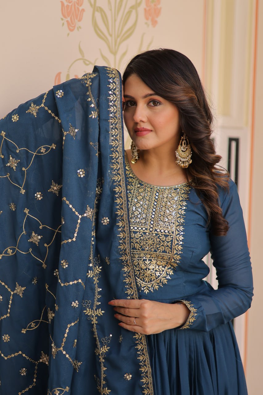 Rama Elegant Star Georgette Gown with Zari & Sequins Embroidery and Designer Dupatta
