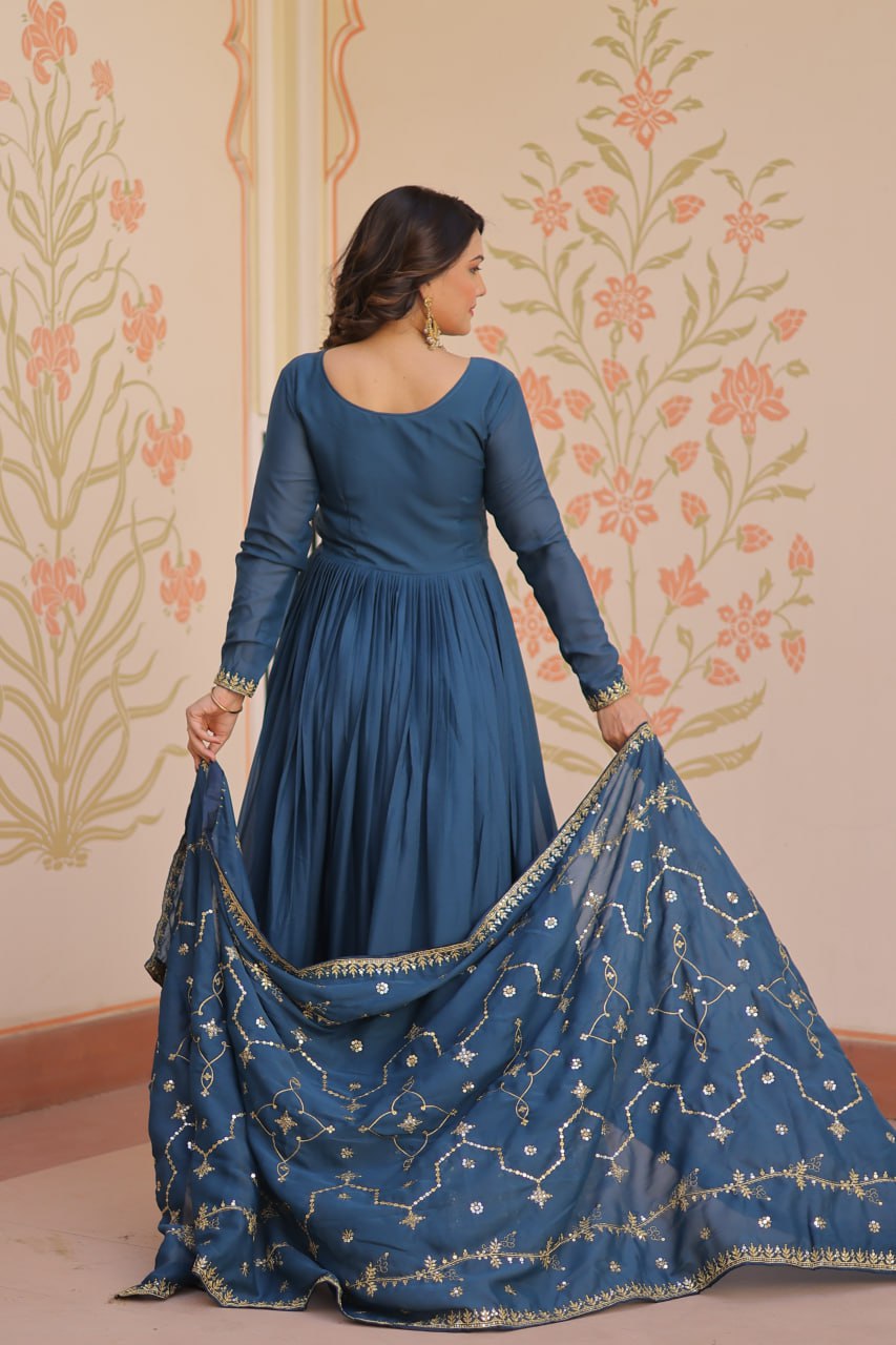 Rama Elegant Star Georgette Gown with Zari & Sequins Embroidery and Designer Dupatta