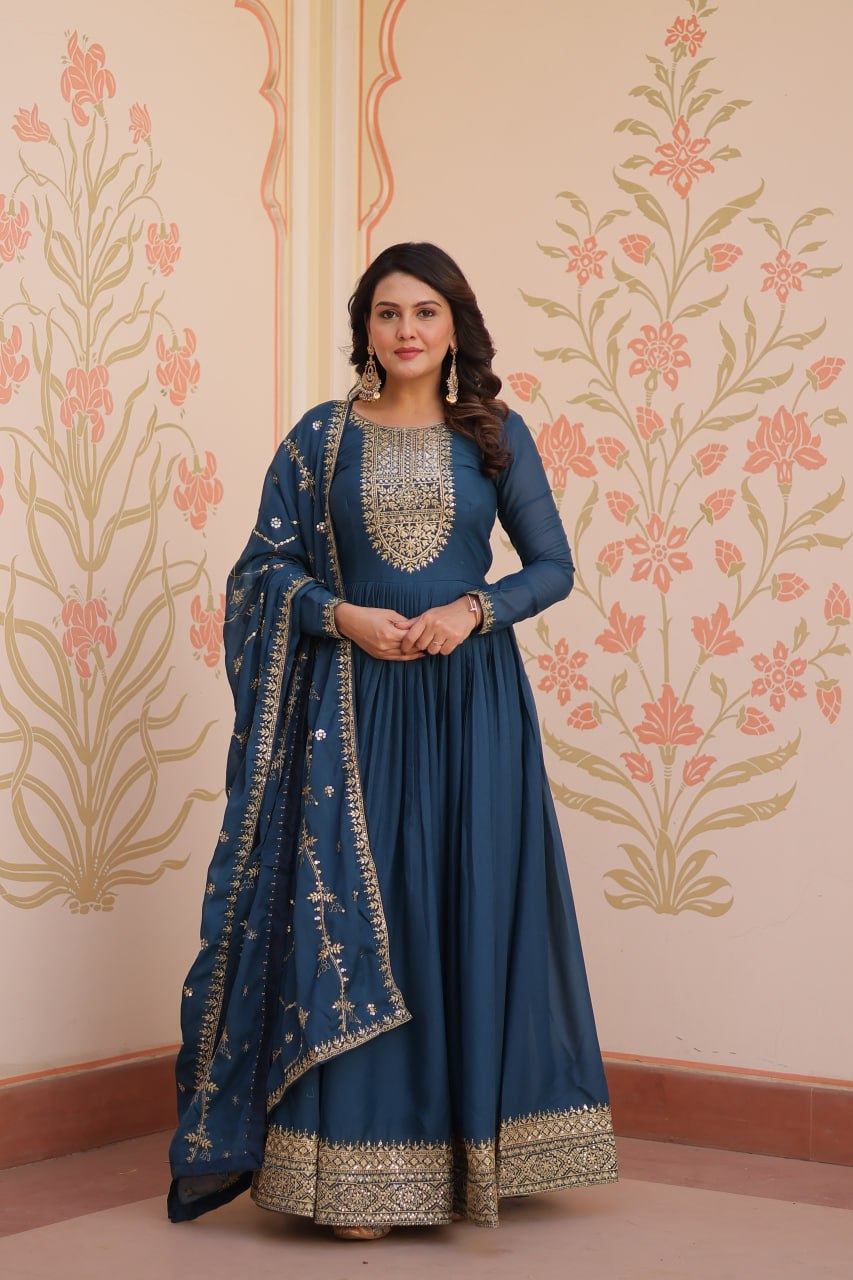 Rama Elegant Star Georgette Gown with Zari & Sequins Embroidery and Designer Dupatta