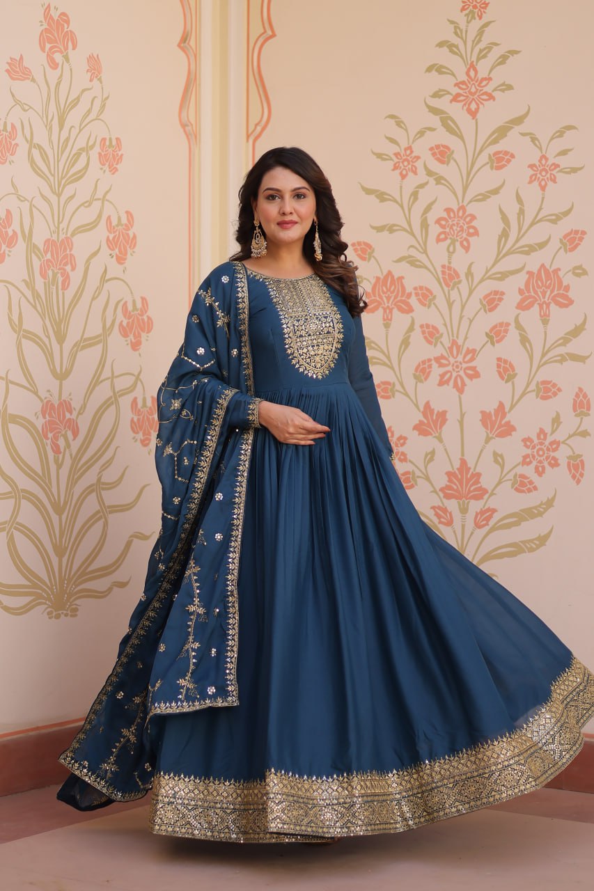Rama Elegant Star Georgette Gown with Zari & Sequins Embroidery and Designer Dupatta