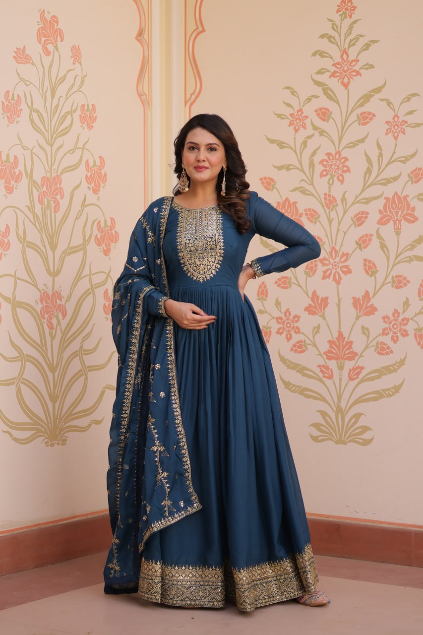 Rama Elegant Star Georgette Gown with Zari & Sequins Embroidery and Designer Dupatta