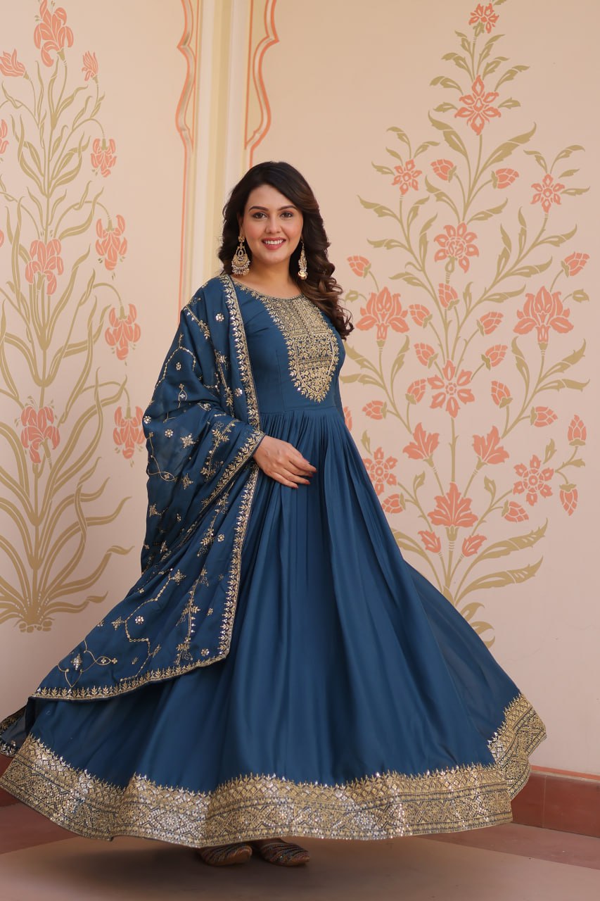 Rama Elegant Star Georgette Gown with Zari & Sequins Embroidery and Designer Dupatta