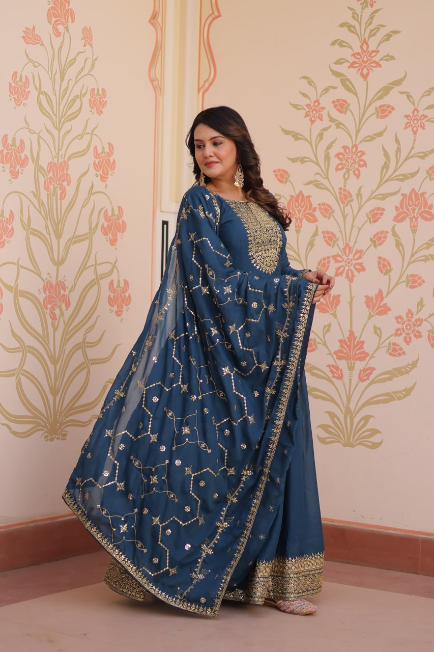 Rama Elegant Star Georgette Gown with Zari & Sequins Embroidery and Designer Dupatta
