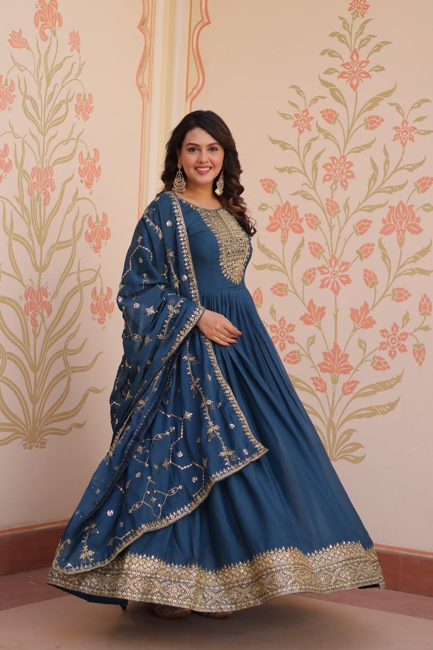 Rama Elegant Star Georgette Gown with Zari & Sequins Embroidery and Designer Dupatta