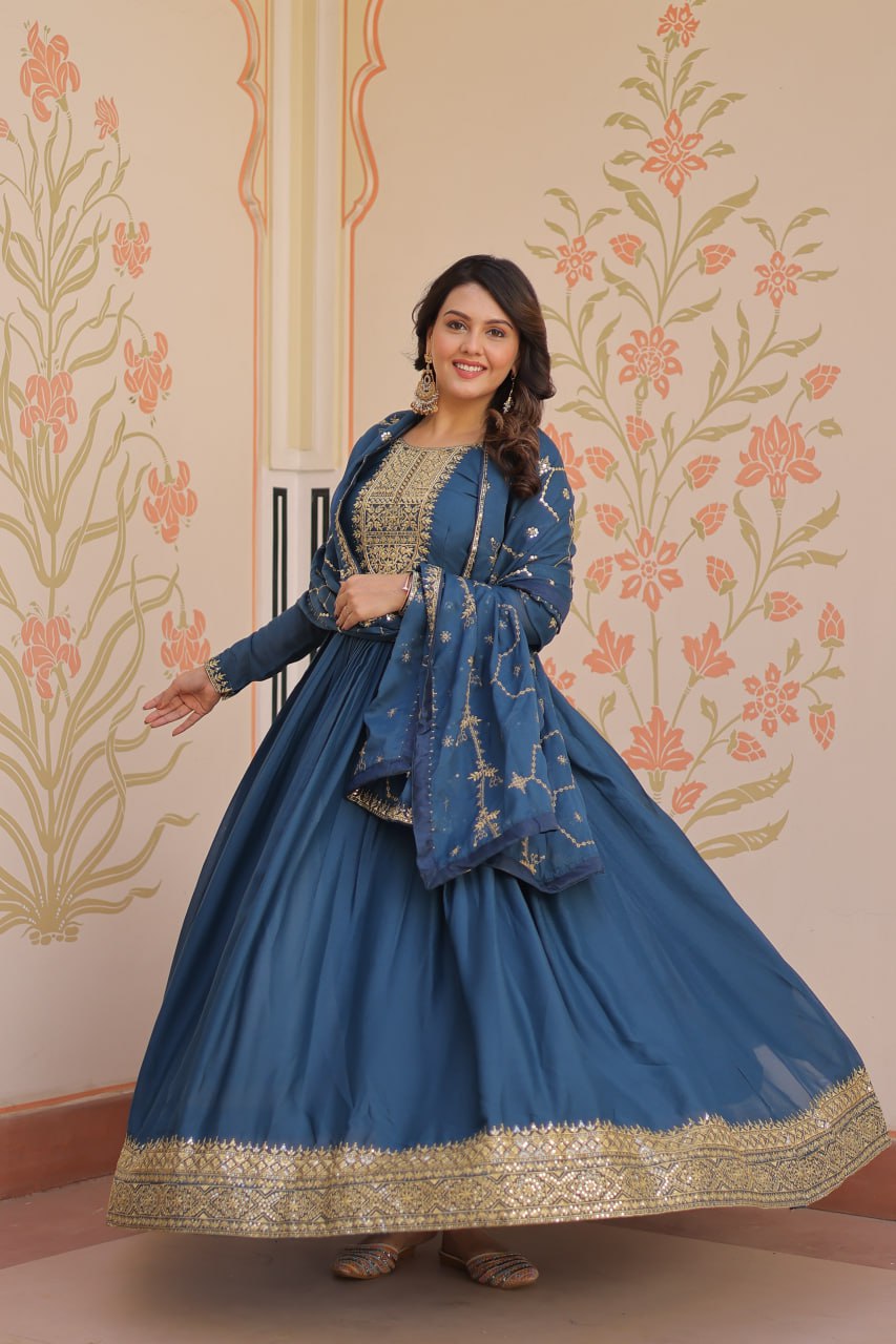 Rama Elegant Star Georgette Gown with Zari & Sequins Embroidery and Designer Dupatta