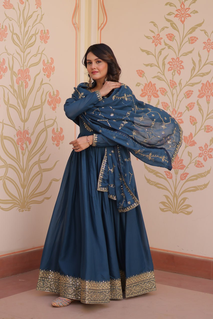 Rama Elegant Star Georgette Gown with Zari & Sequins Embroidery and Designer Dupatta