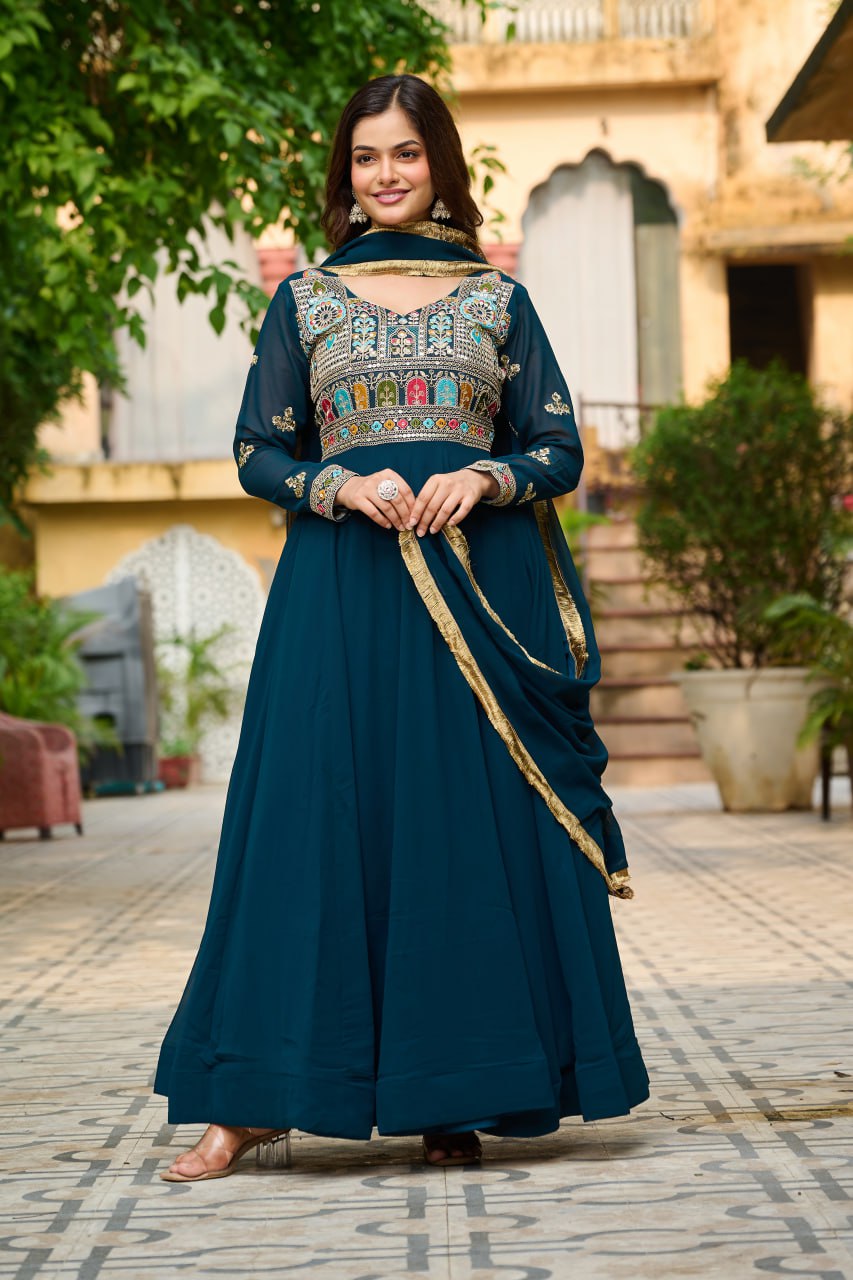 Rama Embroidered Faux Blooming Anarkali Gown Set with Sequin & Multi-Thread Work  V-Neck Full Sleeves  Dupatta Included