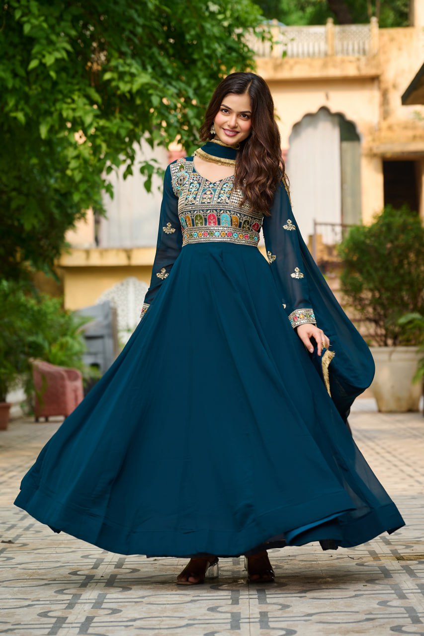 Rama Embroidered Faux Blooming Anarkali Gown Set with Sequin & Multi-Thread Work  V-Neck Full Sleeves  Dupatta Included