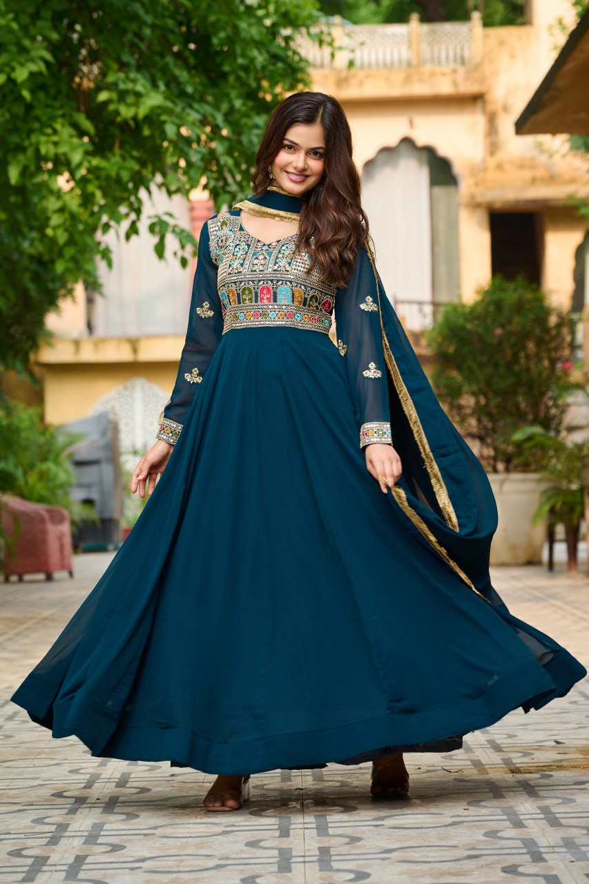 Rama Embroidered Faux Blooming Anarkali Gown Set with Sequin & Multi-Thread Work  V-Neck Full Sleeves  Dupatta Included
