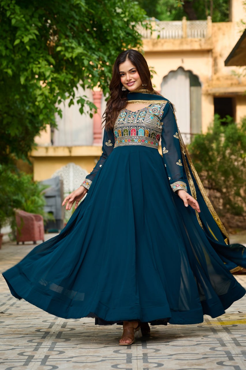 Rama Embroidered Faux Blooming Anarkali Gown Set with Sequin & Multi-Thread Work  V-Neck Full Sleeves  Dupatta Included