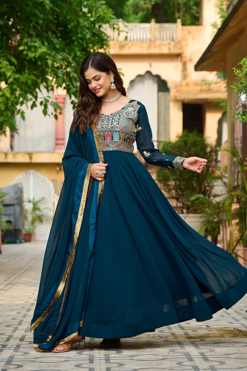 Rama Embroidered Faux Blooming Anarkali Gown Set with Sequin & Multi-Thread Work  V-Neck Full Sleeves  Dupatta Included