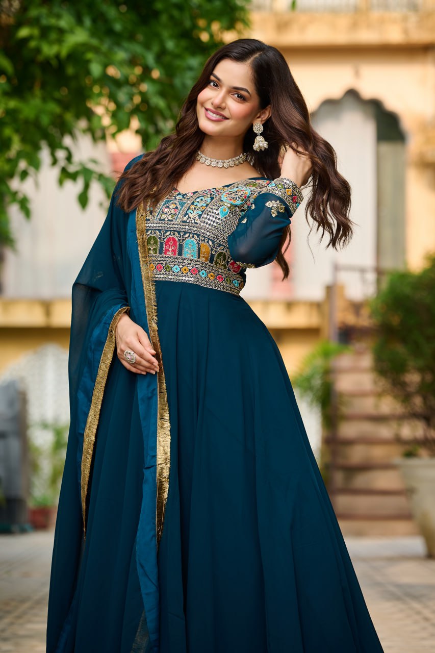 Rama Embroidered Faux Blooming Anarkali Gown Set with Sequin & Multi-Thread Work  V-Neck Full Sleeves  Dupatta Included
