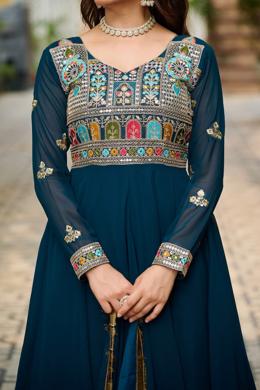 Rama Embroidered Faux Blooming Anarkali Gown Set with Sequin & Multi-Thread Work  V-Neck Full Sleeves  Dupatta Included